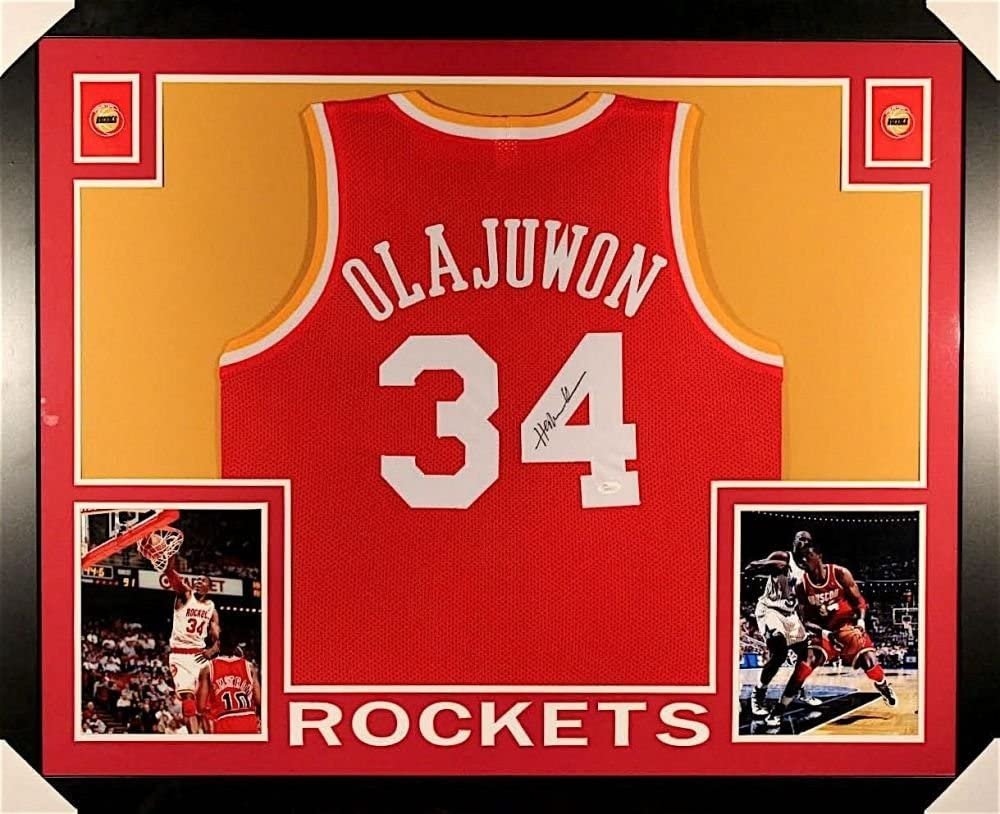 Hakeem Olajuwon Signed Rockets 35x43 Custom Framed Jersey (JSA) (1 of 1)