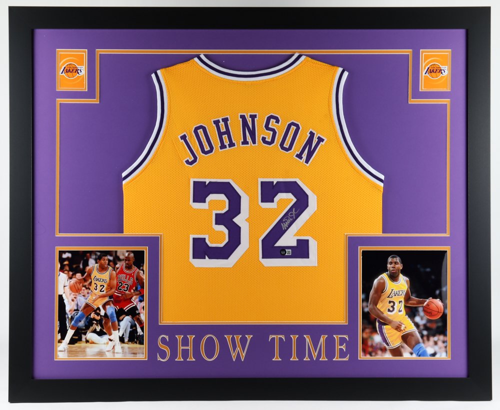 Magic Johnson Signed 35x43 Custom Framed Jersey Display (Beckett Hologram) (1 of 1)