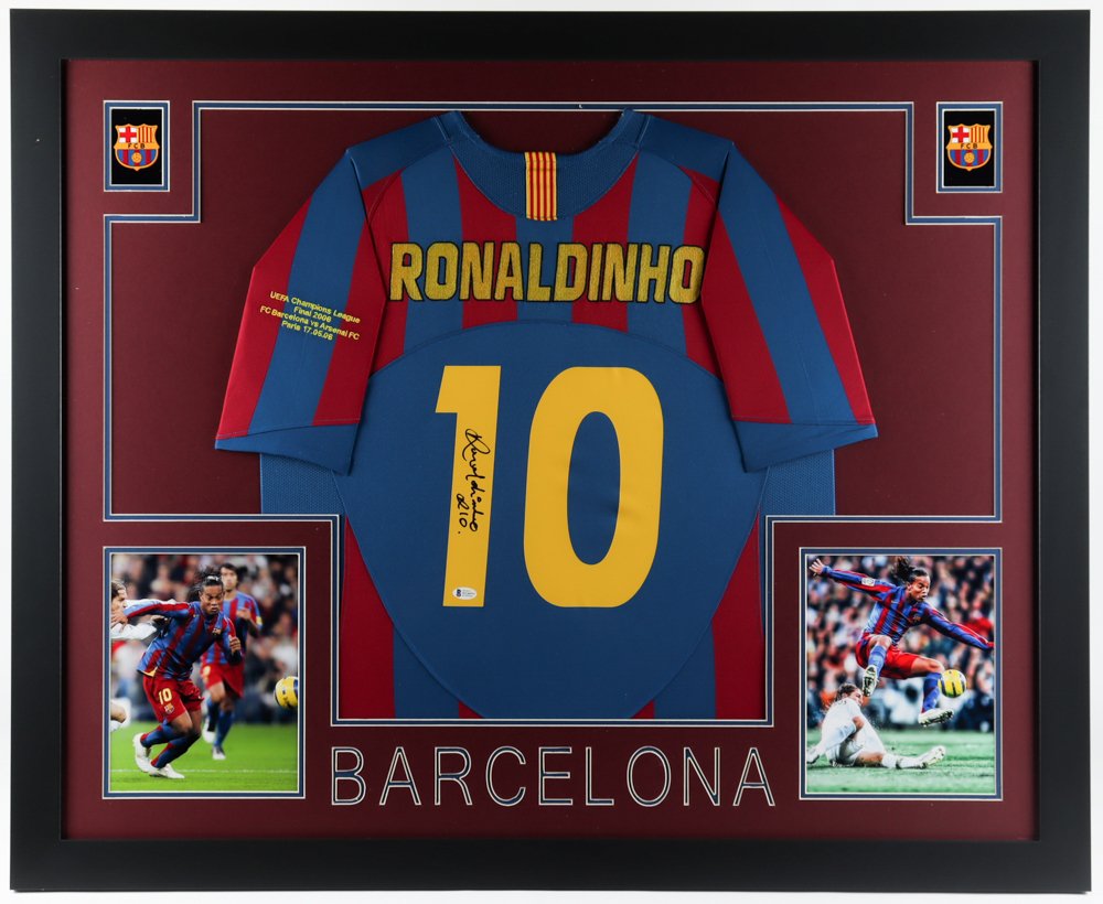 Ronaldinho Signed 35x43 Custom Framed Jersey Display Inscribed "R10" (Beckett) (1 of 1)
