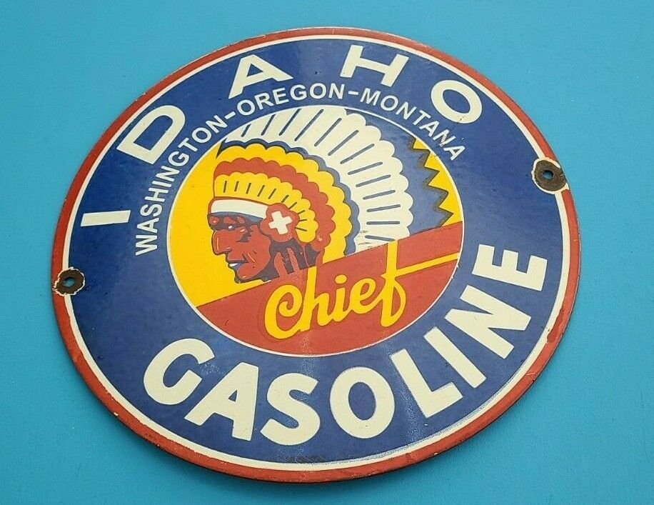 VINTAGE IDAHO GASOLINE PORCELAIN GAS INDIAN CHIEF SERVICE STATION PUMP SIGN (1 of 1)