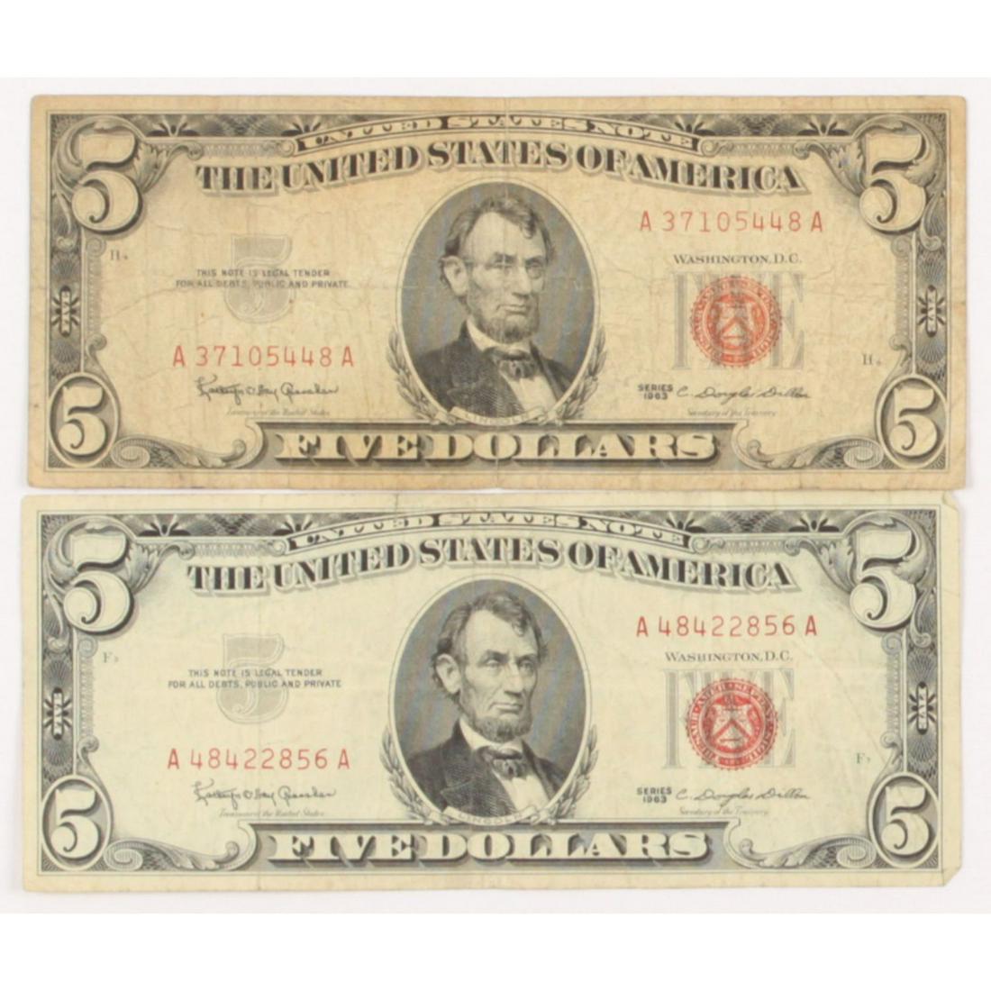 Lot of (2) 1963 $5 Five-Dollar Red Seal U.S. Legal Tender Notes (1 of 1)