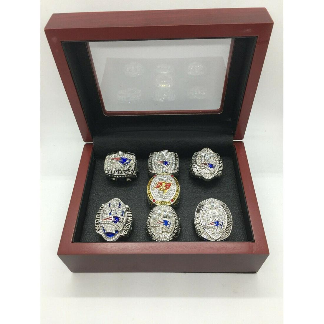 7 Pcs Tom Brady Super Bowl Championship Ring Set with Wooden Display Box (1 of 3)