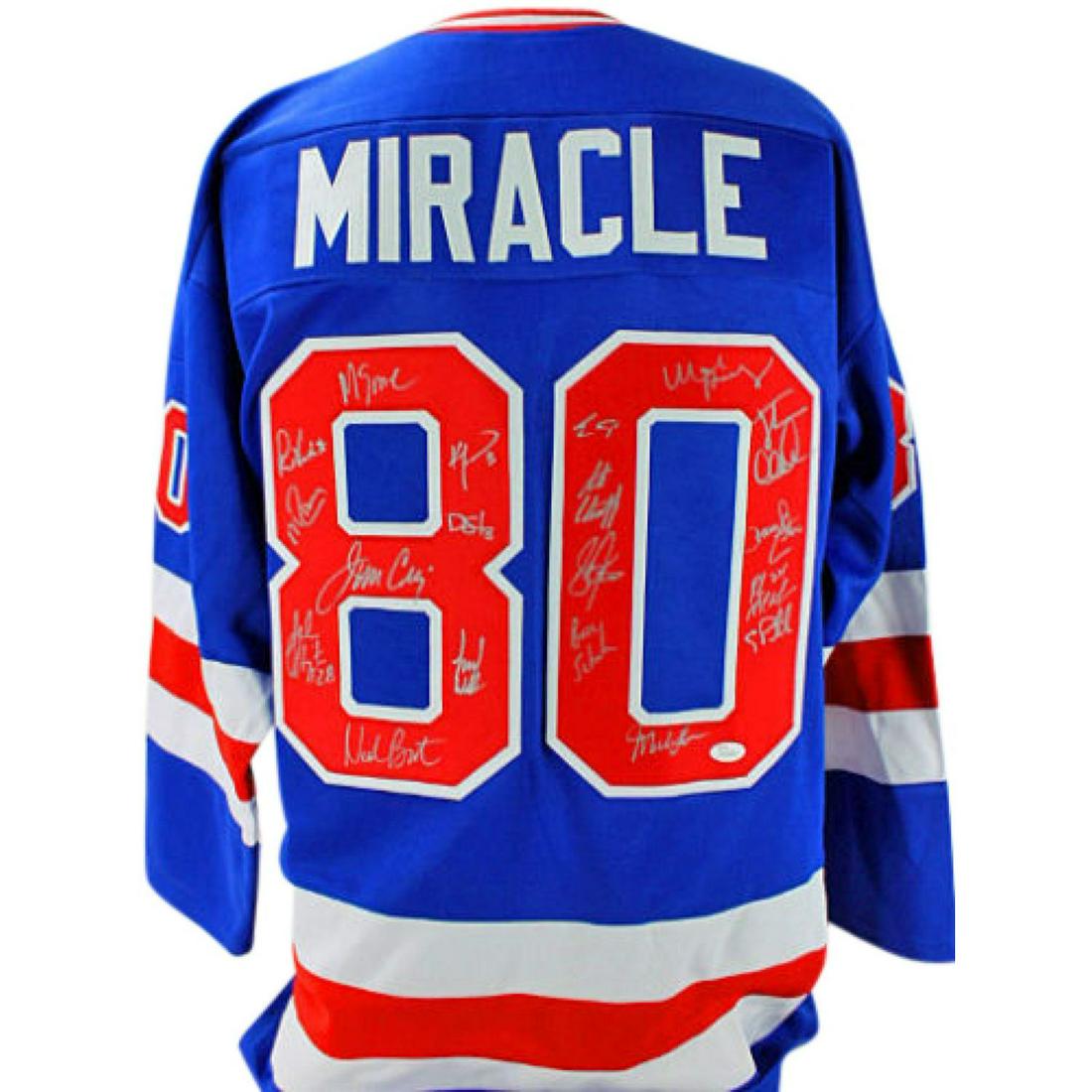 1980 Team USA Hockey "Miracle on Ice" Jersey Signed by (19) with Mike Eruzione, Jim Craig, Ken: Custom on-ice style jersey. Everything sewn on, size XL. Hand-signed by (19) including Mike Eruzione, Jim Craig, Steve Janaszak, Bill Baker, Dave Christian, Ken Morrow, Jack O'Callahan, Mike Ramsey, R