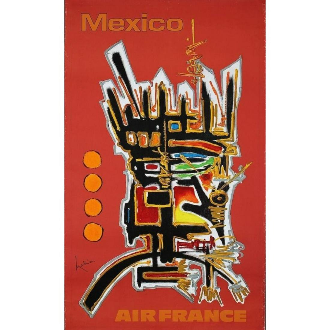 Vintage 1966 Travel PosterAir France Mexico 25x40: Rare vintage 1966 Air France travel poster advertising flights to Mexico designed by French abstract painter Georges Mathieu