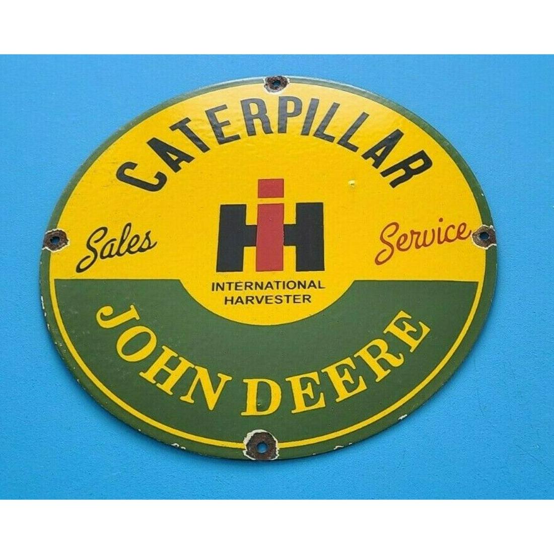 VINTAGE CATERPILLAR JOHN DEERE PORCELAIN TRACTOR DEALERSHIP SERVICE PUMP SIGN (1 of 2)