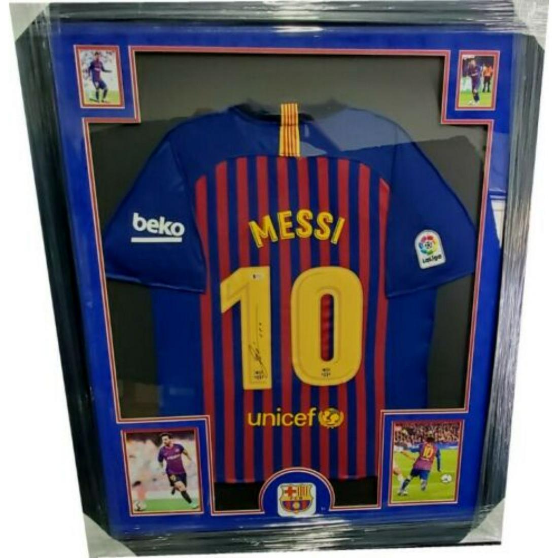 Lionel Messi Hand Signed Autographed Barca Jersey Custom Framed Beckett Sticker (1 of 2)