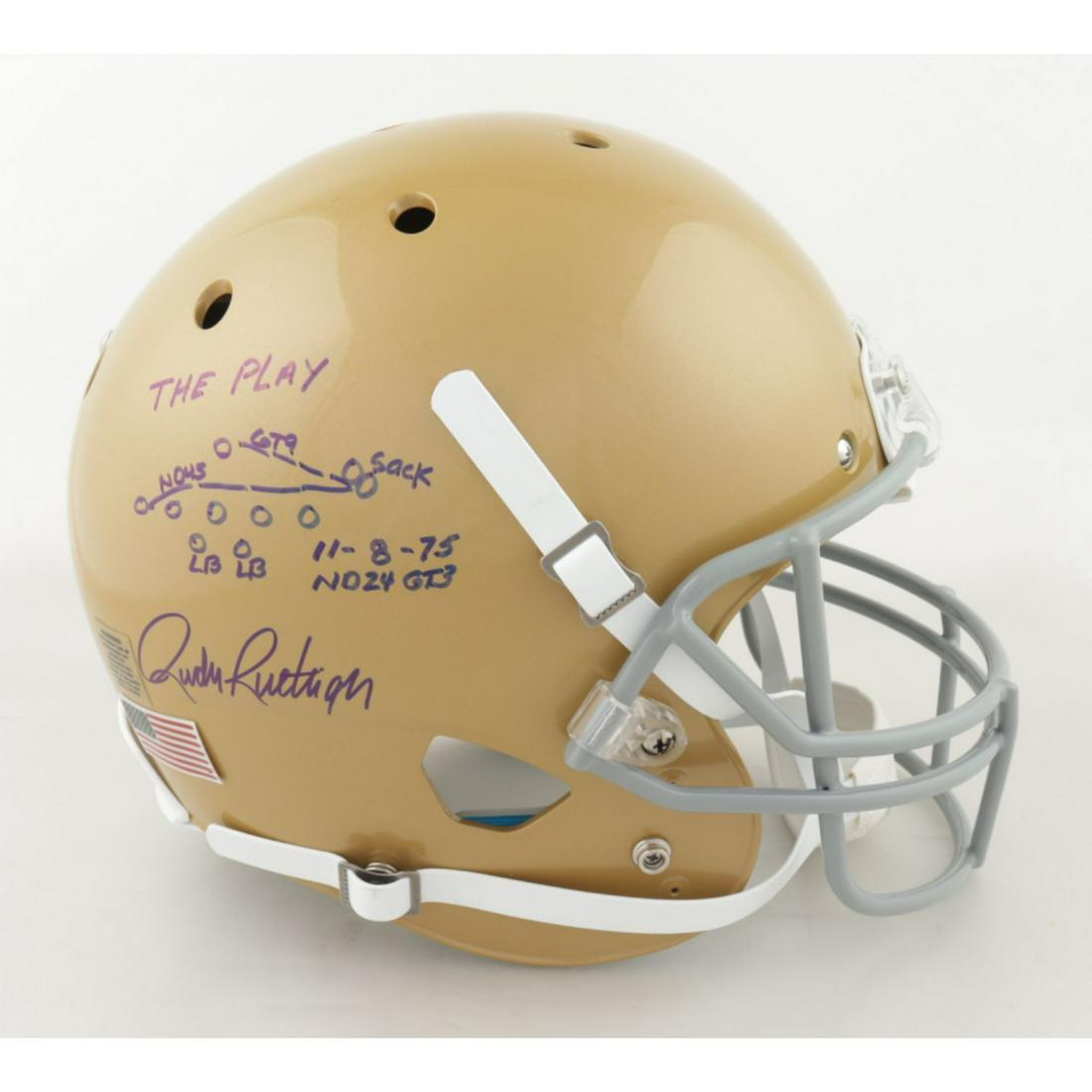 Rudy Ruettiger Signed Notre Dame Fighting Irish Full-Size Helmet with Original Hand-Drawn Play: Rudy Ruettiger Signed Notre Dame Fighting Irish Full-Size Helmet with Original Hand-Drawn Play Sketch (Ruettiger Hologram)