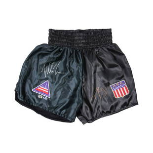 Mike Tyson + Tyson Fury Signed Black Trunks: Mike Tyson + Tyson Fury Signed Black Trunks