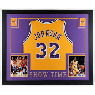 Magic Johnson Signed 35x43 Custom Framed Jersey Display (Beckett Hologram): Custom frame measures 35" x 43" in size. Features a jersey hand-signed by Magic Johnson (HOF). The lot / autograph(s) includes an official Beckett Authentication Services serially-numbered hologram