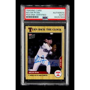 Nolan Ryan Signed 2020 Topps Now Turn Back The Clock #145 Inscribed "K King" (PSA Encapsulated): Card has been hand-signed by Nolan Ryan (Texas Rangers, HOF). Please see images for details regarding the condition. The item / autograph(s) has been authenticated and encapsulated by PSA/DNA for