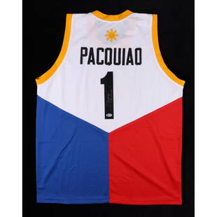 Manny Pacquiao Signed Jersey Inscribed "Pacman" (Beckett): Custom on-court style jersey. Everything sewn on, size XL. Has been hand-signed by Manny Pacquiao. The lot / autograph(s) includes an official Beckett Authentication Services serially numbered