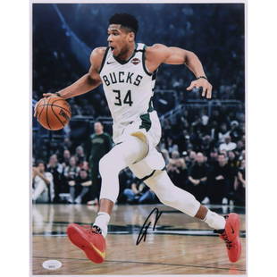 Giannis Antetokounmpo Signed Bucks 11x14 Photo (JSA COA): Photo measures 11" x 14" in size. Hand-signed by Giannis Antetokounmpo (Milwaukee Bucks). The lot / autograph(s) includes an official James Spence Authentication (JSA) hologram and matching COA for