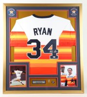 Nolan Ryan Signed 32x36 Custom Framed Jersey Display with 1999 Official Hall of Fame Induction Pin & (1 of 1)
