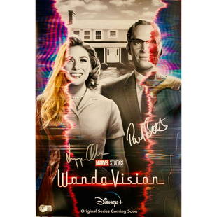 Elizabeth Olsen & Paul Bettany Signed 12x18 Wandavision Poster Photo (BAS COA): Elizabeth Olsen & Paul Bettany Signed 12x18 Wandavision Poster Photo (BAS COA)