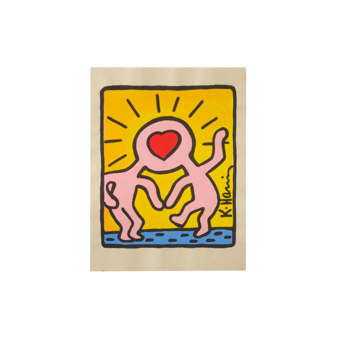 RARE Keith Haring Authentic Drawing on Vintage Paper SIGNED and Stamped by Haring Estate *Two People (1 of 2)