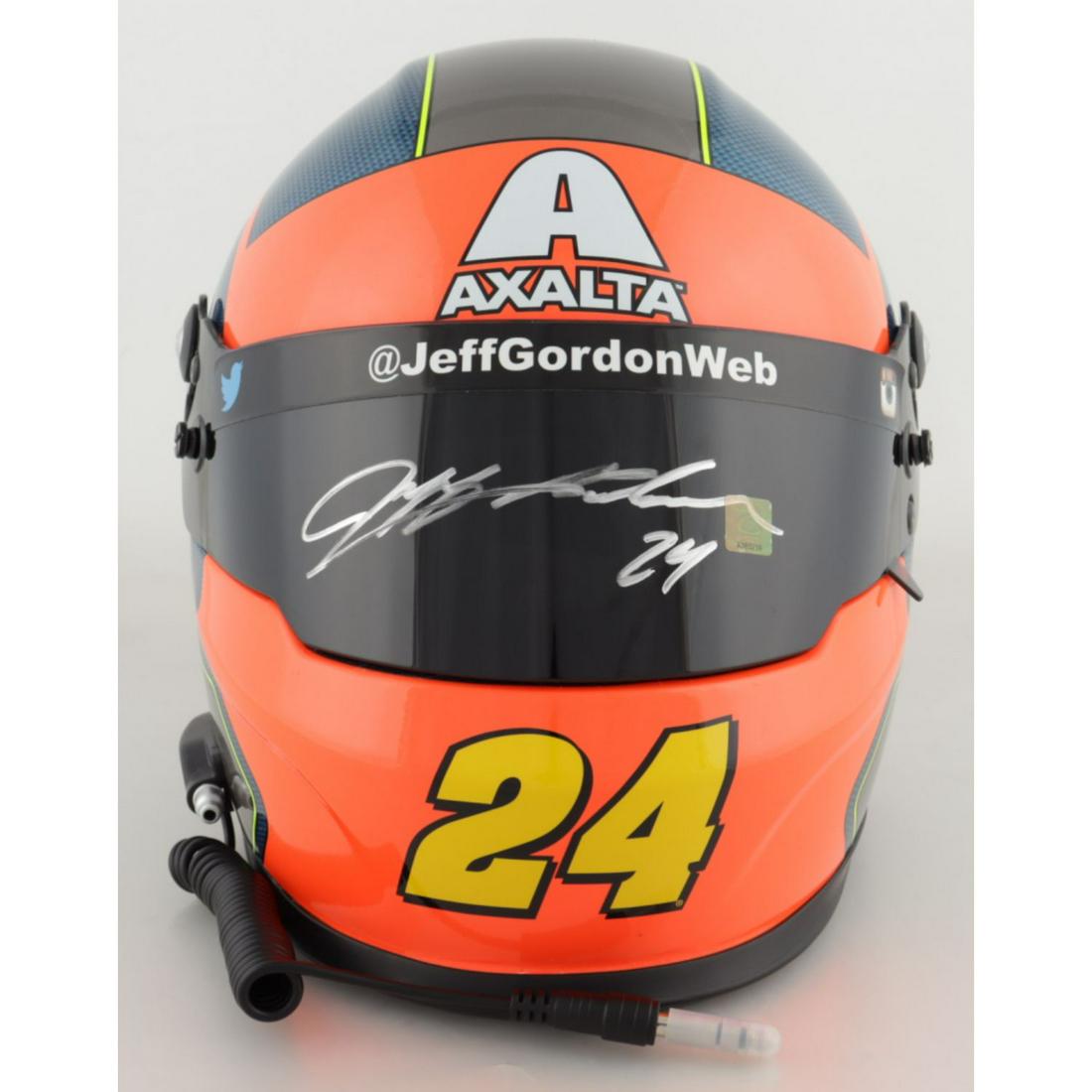 Jeff Gordon Signed NASCAR Axalta Rainbow Special Edition Full-Size Helmet (Gordon Hologram): Full-size replica NASCAR helmet is hand-signed on the visor by Jeff Gordon (HOF). The helmet includes an official Jeff Gordon hologram for authenticity purposes. Authentication: Jeff Gordon Hologram