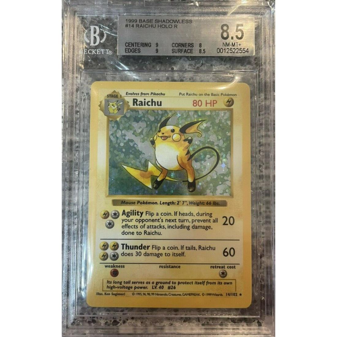 1999 Pokemon Raichu Holo Shadowless Base Set 14/102 BGS 8 (1 of 2)