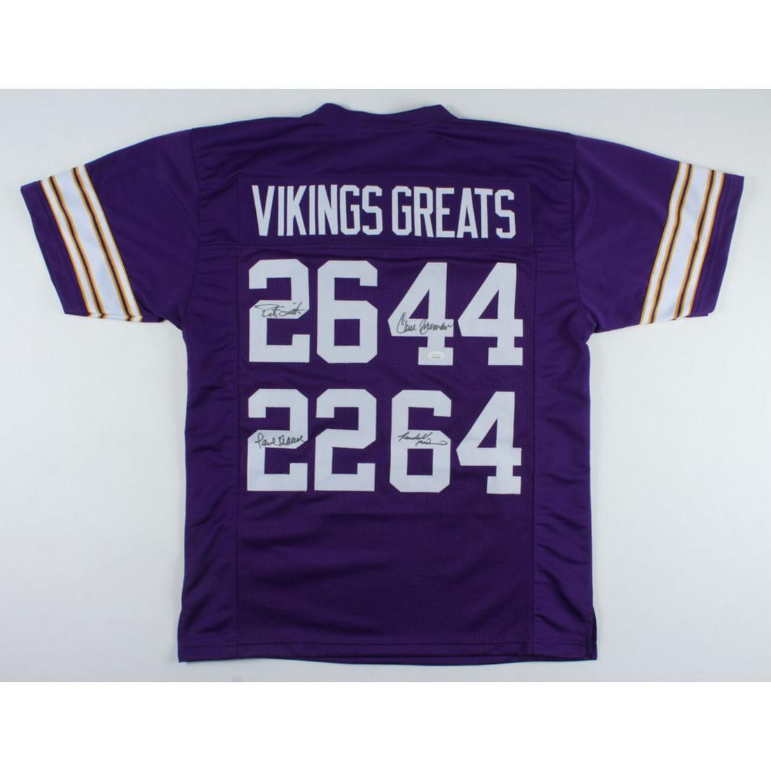 Vikings Greats Jersey Signed by (4) with Robert Smith, Chuck Foreman, Paul Krause & Randall McDaniel: Custom on-field style jersey. Everything sewn on, size XL. Hand-signed by Robert Smith, Chuck Foreman, Paul Krause (HOF) and Randall McDaniel (HOF).The lot / autograph(s) includes an official James Sp
