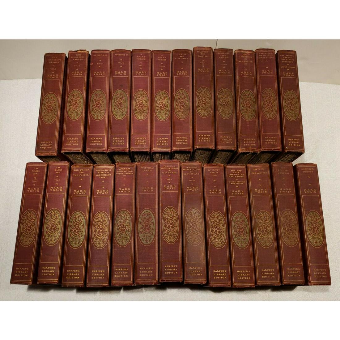 RARE Mark Twain's Works 25 Volume Set Hardcover Harper & Brothers 1901-07 GREAT CONDITION: Collection includes (25 volumes):The Innocents Aboard VolumeThe Innocents Aboard Volume IIRoughing It Volume IRoughing It Volume IIA Tramp Aboard Volume IA Tramp Aboard Volume IILife on the Mississipp