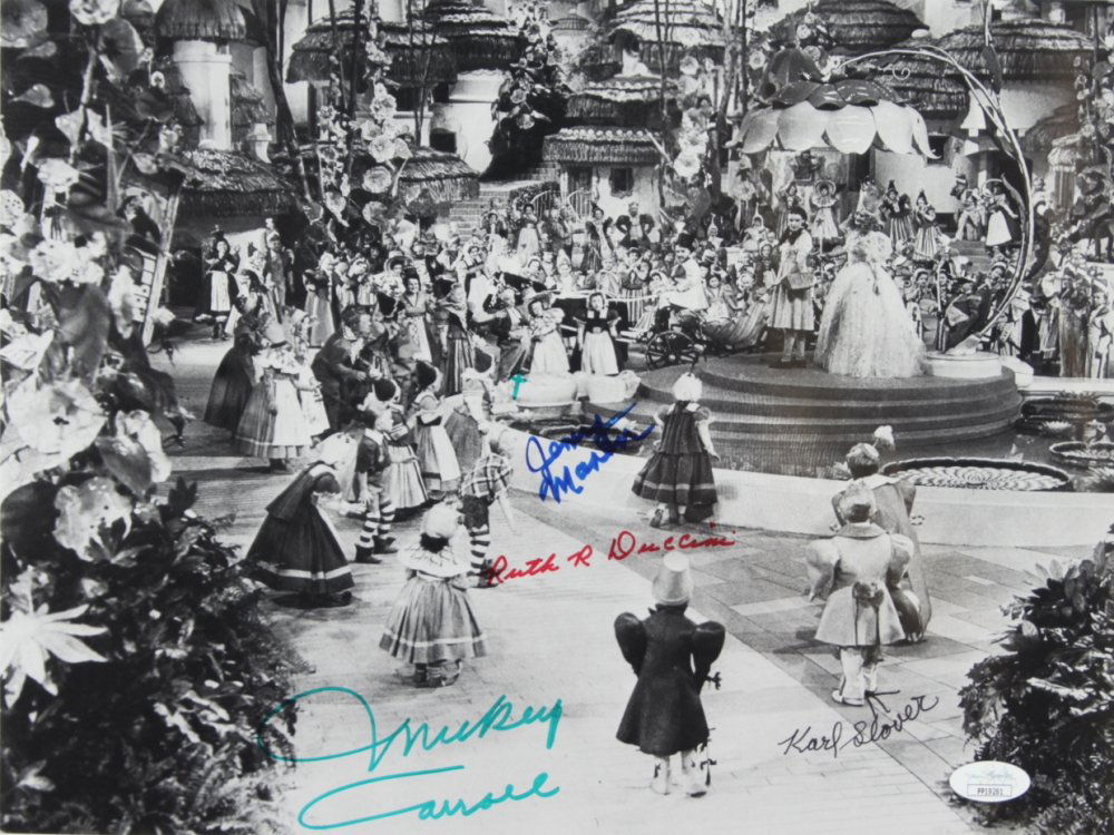 "The Wizard of Oz" 11x14 Photo Cast-Signed by (4) with Karl Slover, Mickey Carroll, Jerry Maren & Ru: "The Wizard of Oz" 11x14 Photo Cast-Signed by (4) with Karl Slover, Mickey Carroll, Jerry Maren & Ruth Duccini (JSA)
