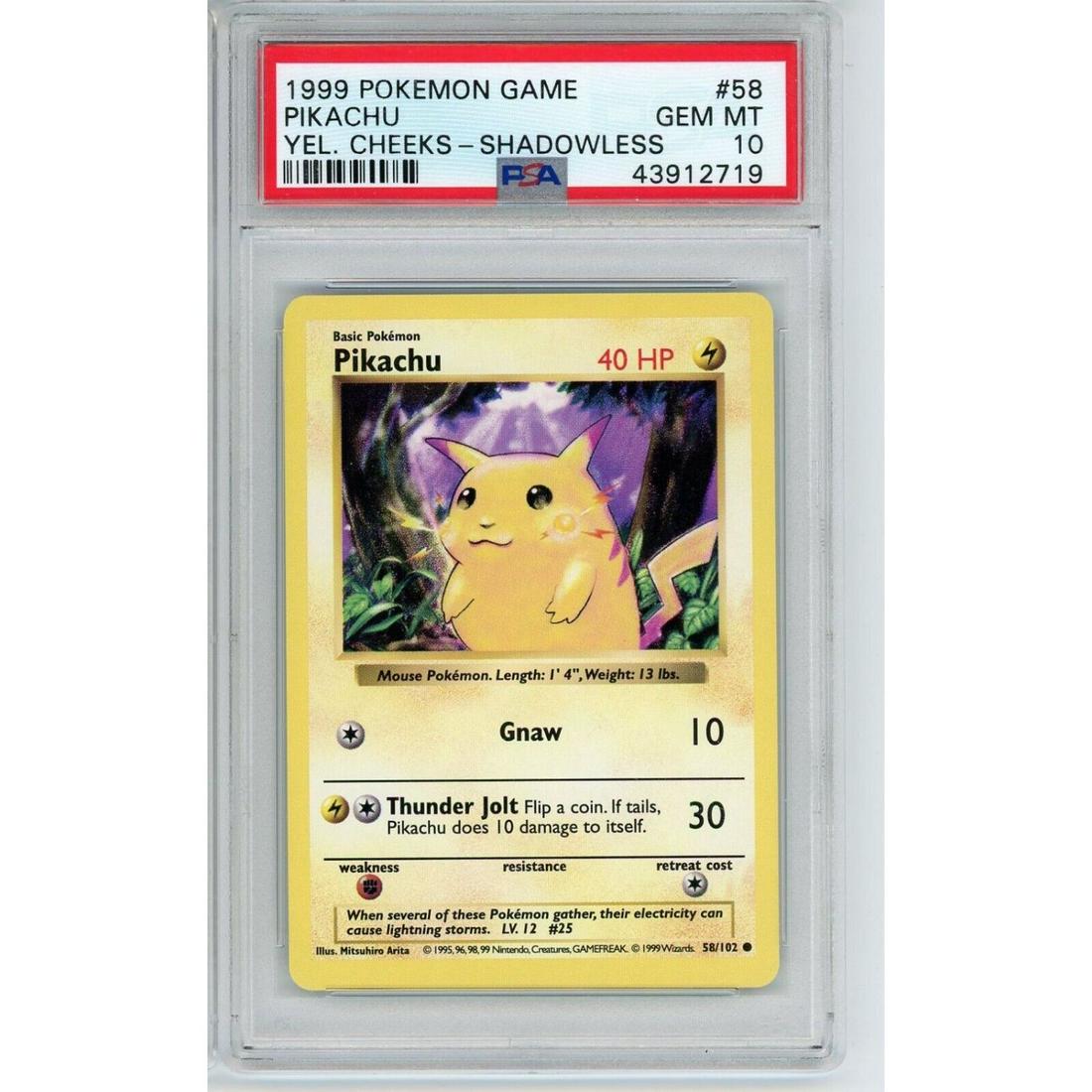 1999 Pokemon Game Pikachu Yellow Cheeks Shadowless #58/102 PSA 10 (1 of 2)