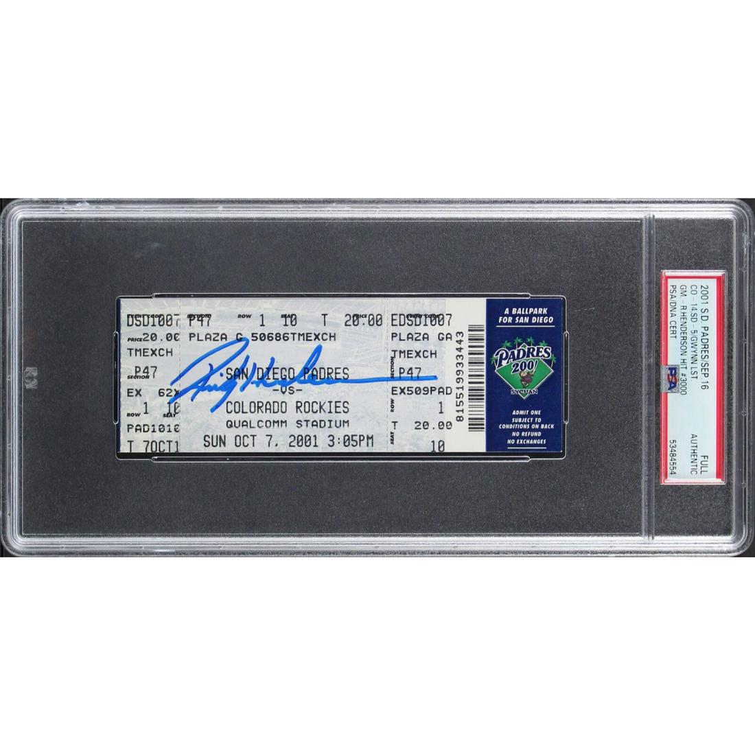 Rickey Henderson Signed 2001 3000th Hit Full Ticket Stub PSA/DNA Slabbed (1 of 1)