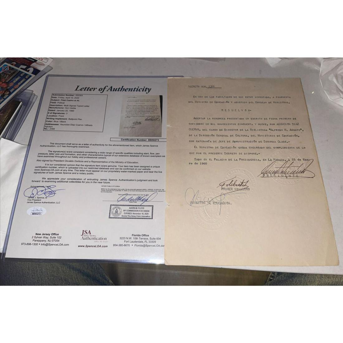 FIDEL CASTRO +2 VERY RARE SIGNED POLITICAL 1960 DOCUMENT JSA LOA (1 of 1)