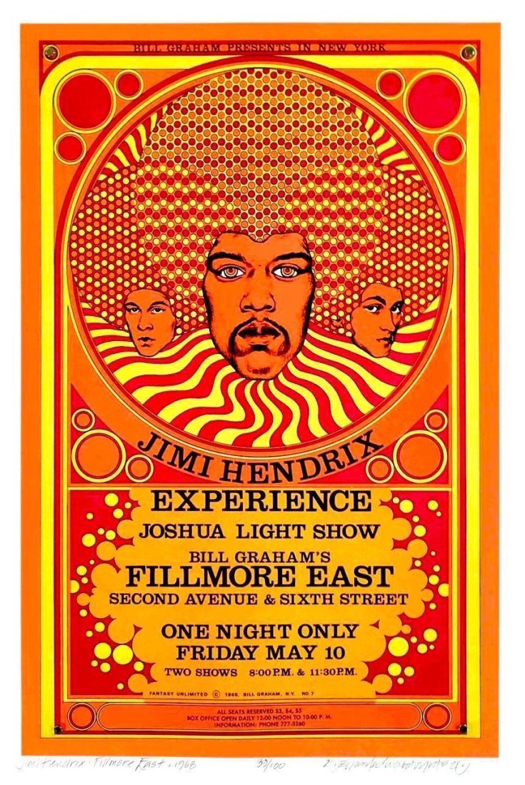 JIMI HENDRIX EXPERIENCE 1968 DAVID BYRD SIGNED FILLMORE EAST POSTER / NMT 2 MINT: JIMI HENDRIX EXPERIENCE 1968 DAVID BYRD SIGNED FILLMORE EAST POSTER / NMT 2 MINT