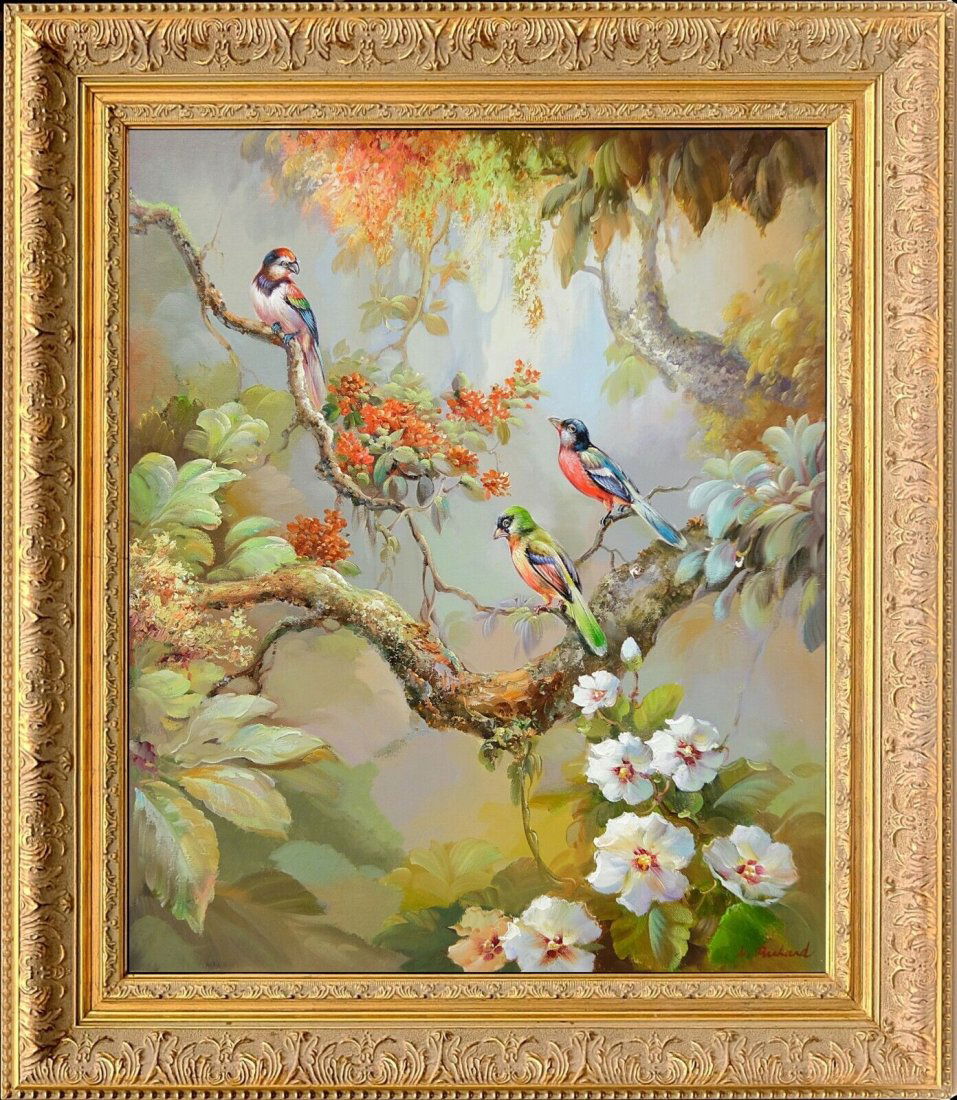 Signed by L Richard, French Gold Framed Oil Painting, Wild Birds on the Tree: Signed by L Richard, French Gold Framed Oil Painting, Wild Birds on the Tree27X31