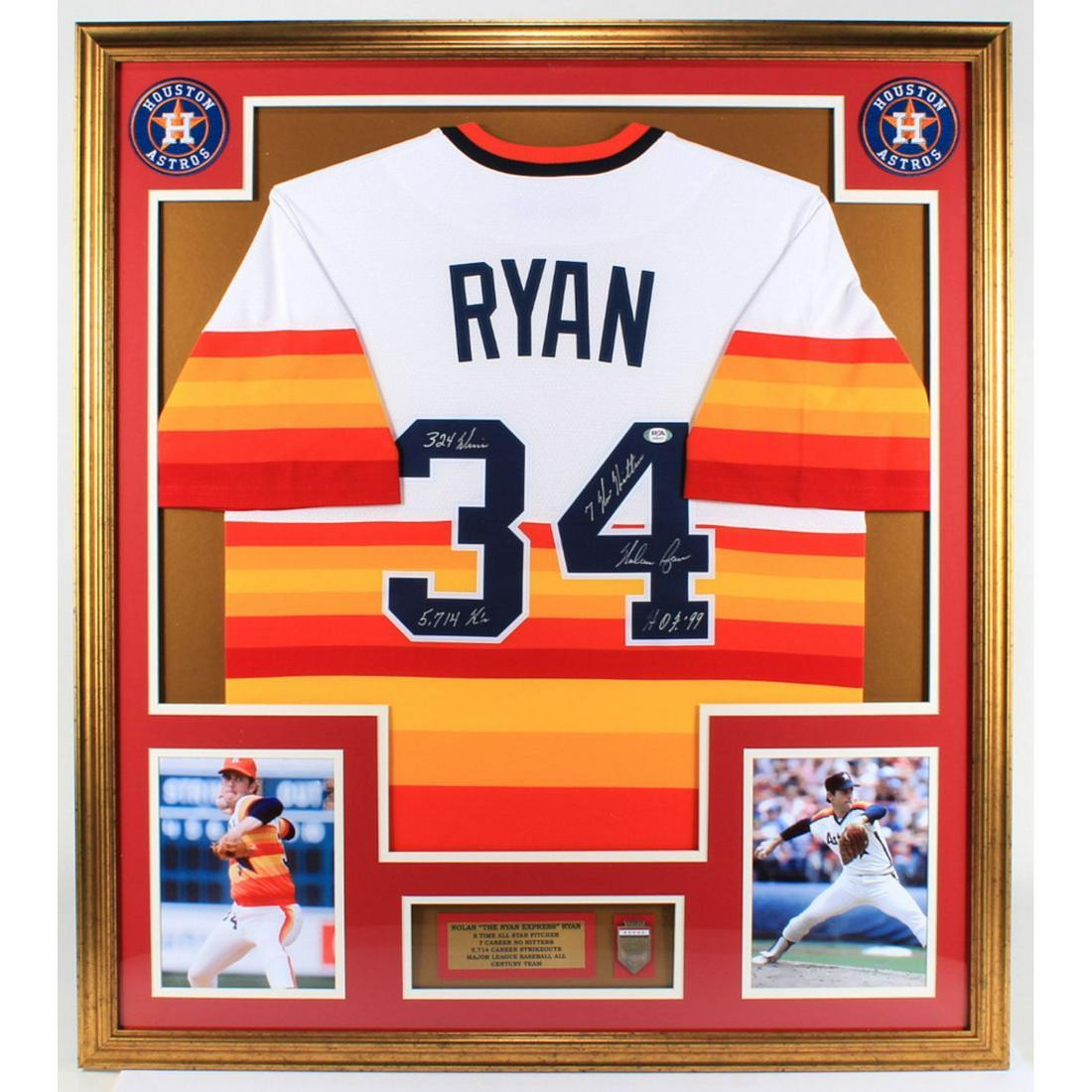 Nolan Ryan Signed 32x36 Custom Framed Jersey Display with Multiple Inscriptions with 1999 Hall Of (1 of 1)