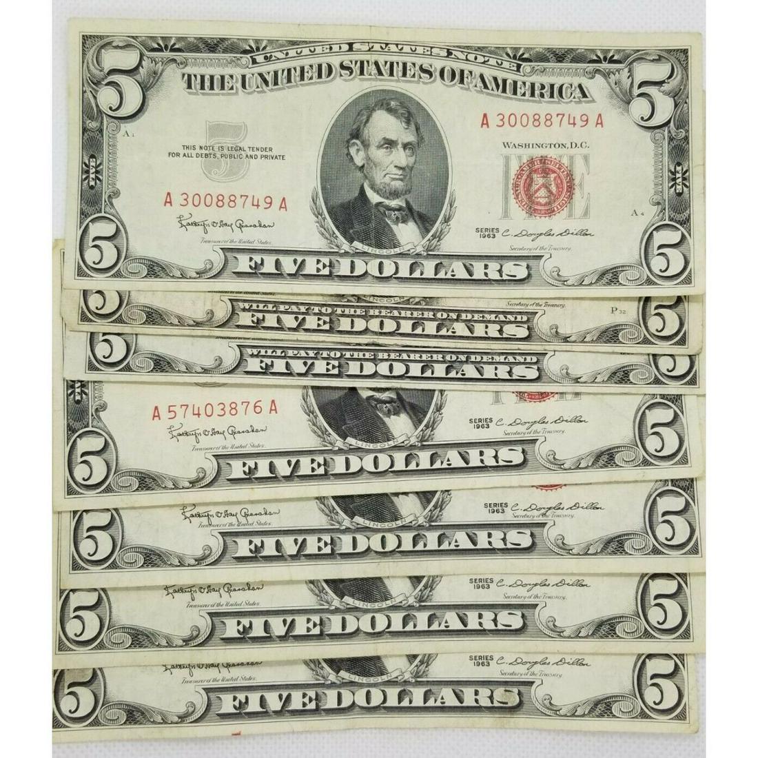 953/63 Five Dollar RED Seal Note United States Note Old US Bill (LOT OF 7) (1 of 2)