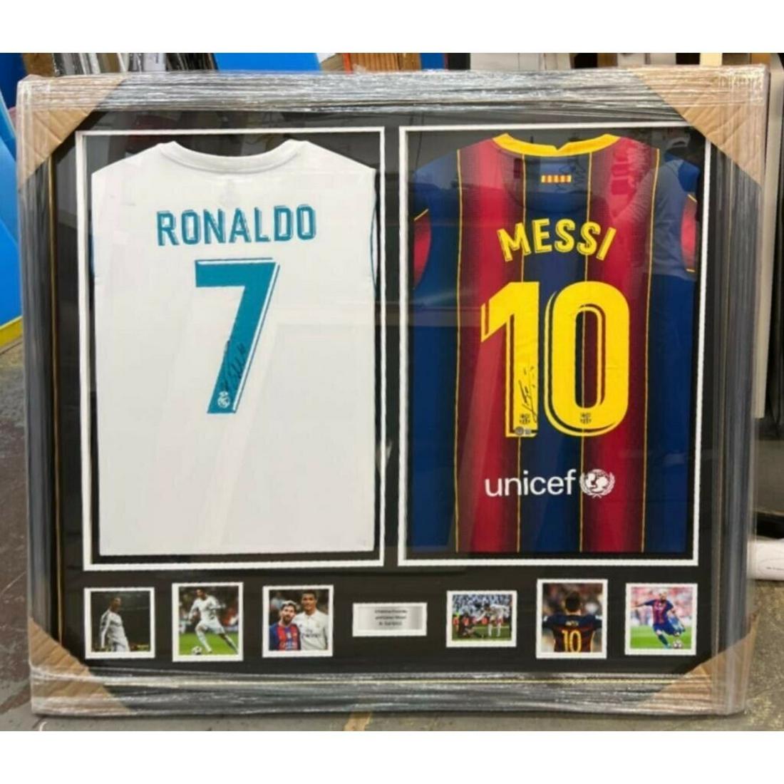 Double Framed Lionel Messi & Cristiano Ronaldo Signed Jerseys (Beckett LOA) (1 of 1)