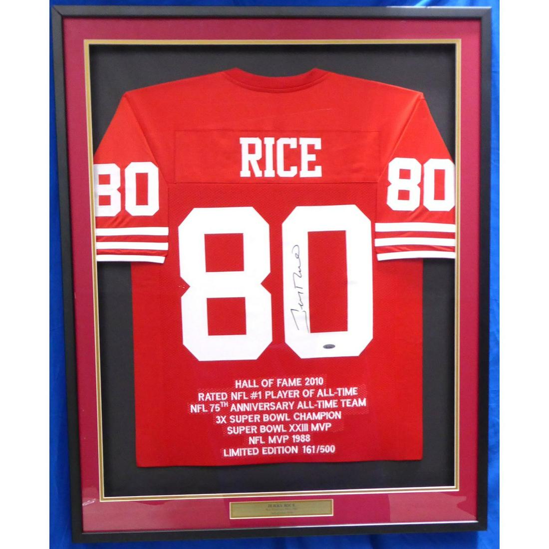 San Francisco 49ers Jerry Rice Autographed Framed Red Jersey With Stats (1 of 1)