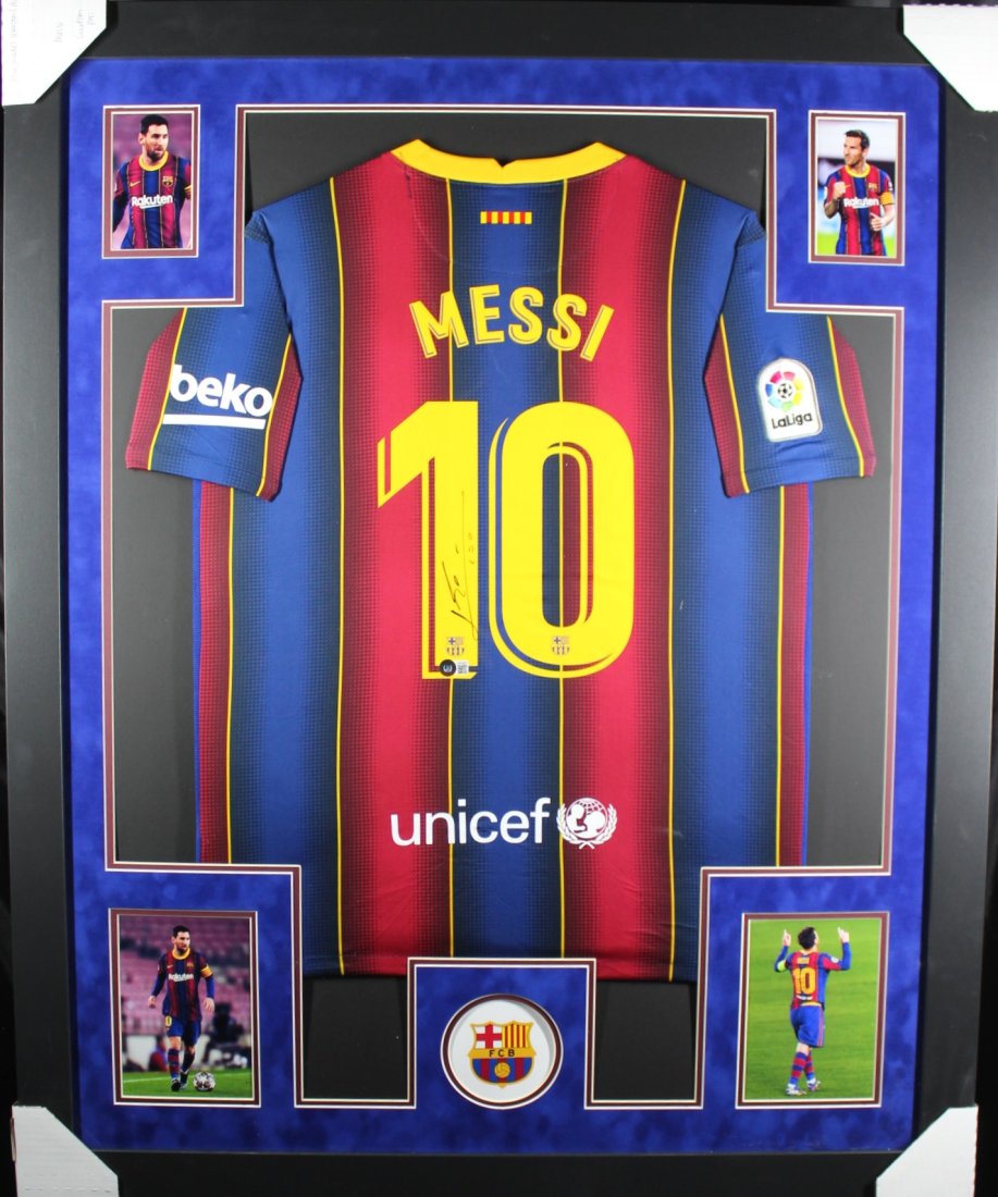 Lionel Messi Hand Signed and Custom Framed Barcelona Jersey (BAS LOA): Lionel Messi Hand Signed and Custom Framed Barcelona Jersey (BAS LOA)