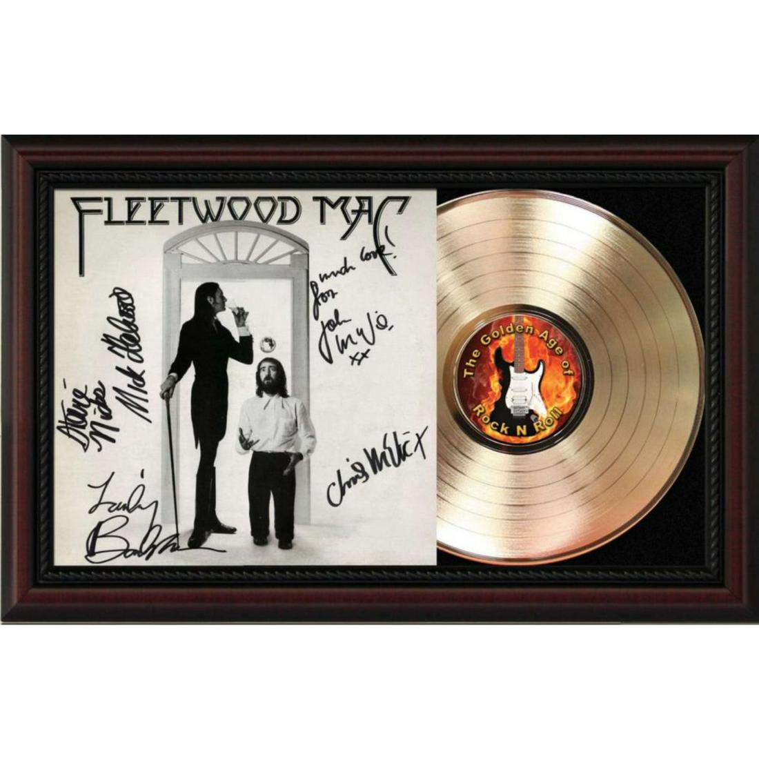 Fleetwood Mac Cherry Wood Stunning Gold LP Record Framed Signature Display M4: This 12 inch Mac Cherry LP record display custom framed in a cherry wood designer frame with black lacquer accents. The plated record has been hand polished to a mirror finish with replica full size L