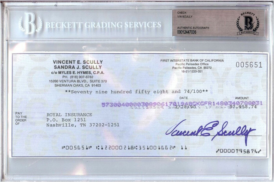 Vin Scully Signed 1990 Check (PSA 10 Auto) (1 of 1)