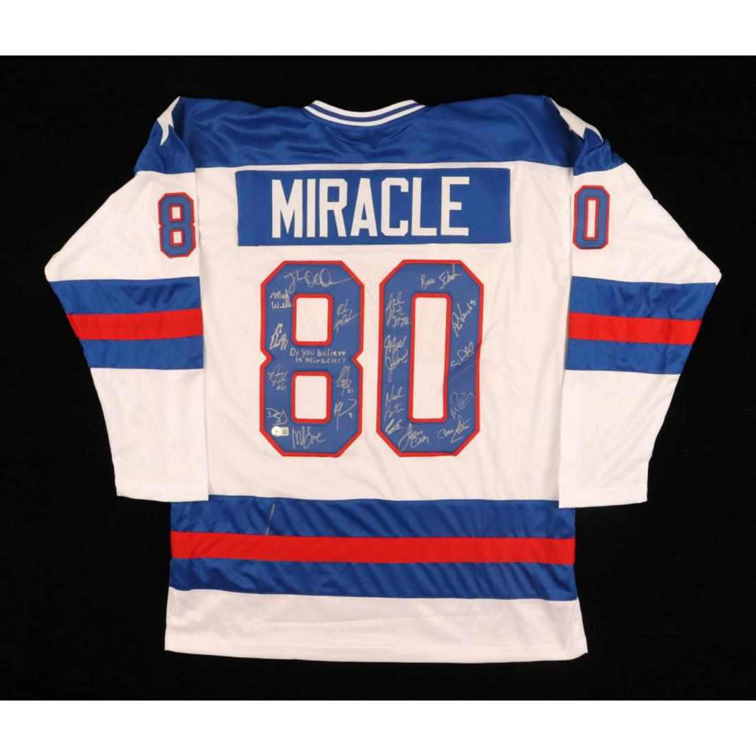 1980 USA "Miracle On Ice" Team-Signed Jersey by (19) with Jim Craig, Buzz Schneider, Mark Johnson,: 1980 USA "Miracle On Ice" Team-Signed Jersey by (19) with Jim Craig, Buzz Schneider, Mark Johnson, Neal Broten, (Beckett)