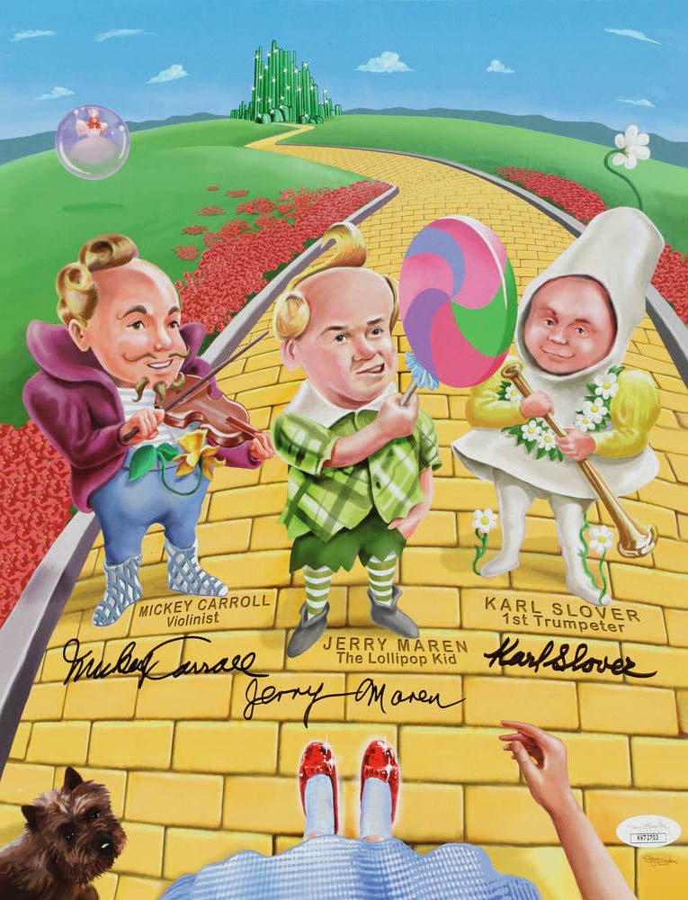 "The Wizard Of Oz" 11x14 Photo Cast-Signed by (3) Mickey Carroll, Jerry Maren, Karl Slover (JSA COA): "The Wizard Of Oz" 11x14 Photo Cast-Signed by (3) with Mickey Carroll, Jerry Maren, Karl Slover (JSA COA)