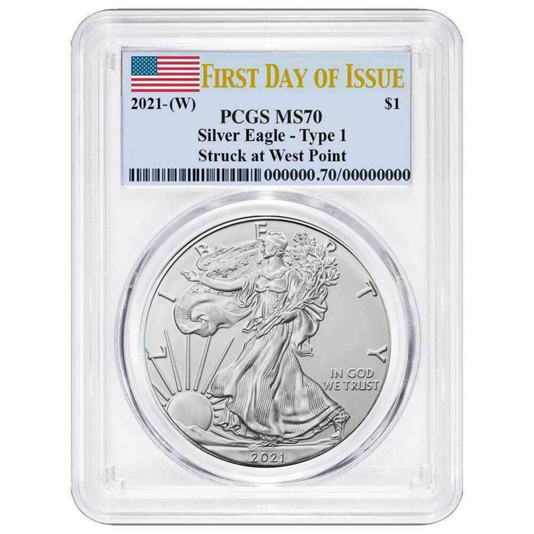2021 $1 Type 1 American Silver Eagle PCGS MS70 FDOI Flag Label (1 of 2)