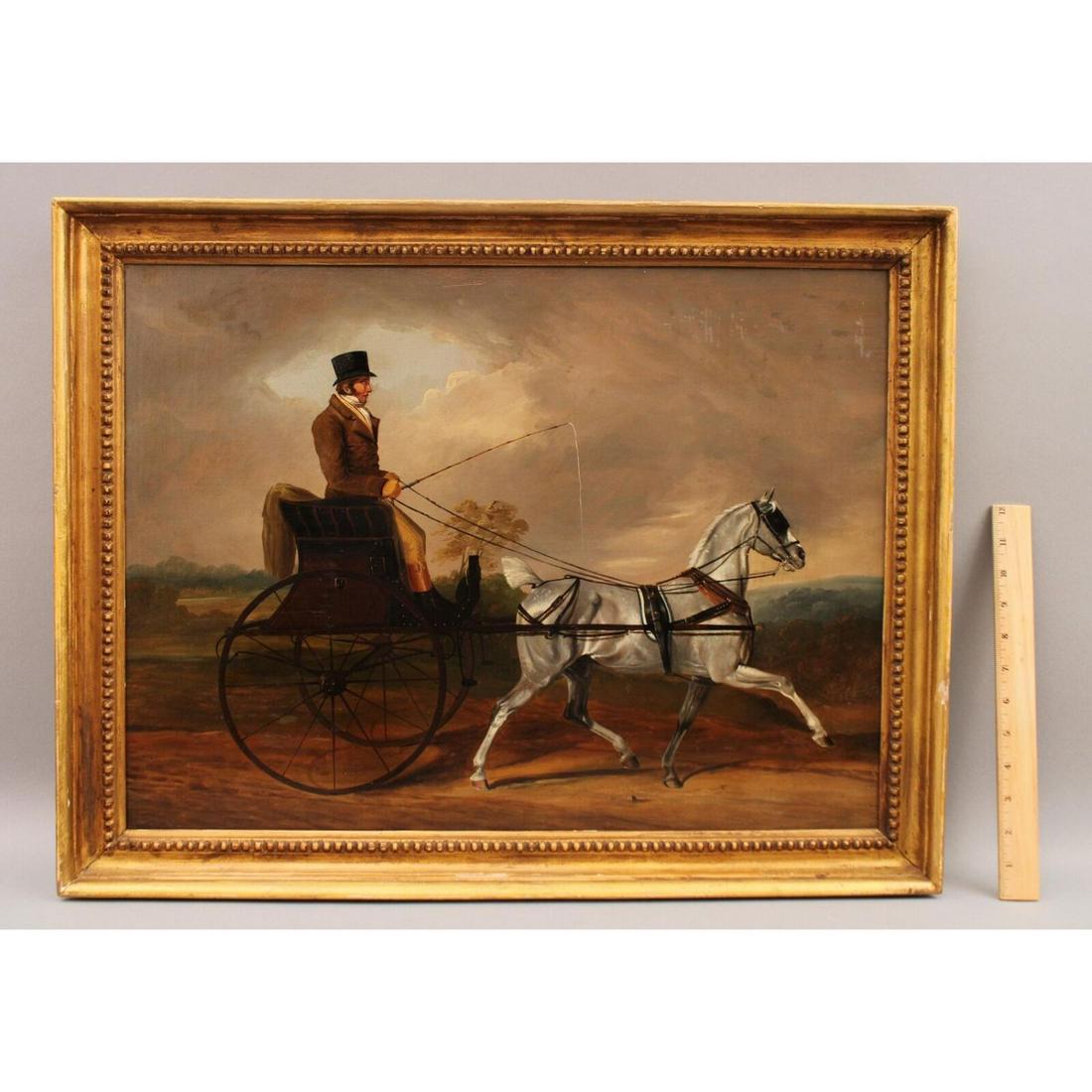 VTG 19th Century American Equestrian Oil Painting Horse-Drawn 2-Wheel Gig Carraige (18x24) (1 of 2)