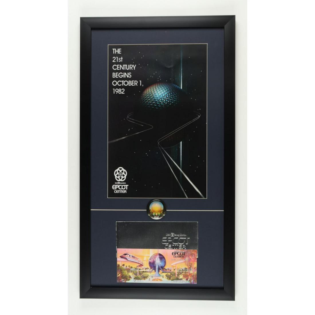Walt Disney World "Epcot Center" 17x31 Custom Framed Print Display with Vintage Opening Day Ticket,: Walt Disney World "Epcot Center" 17x31 Custom Framed Print Display with Vintage Opening Day Ticket, Envelope & Employee Pin