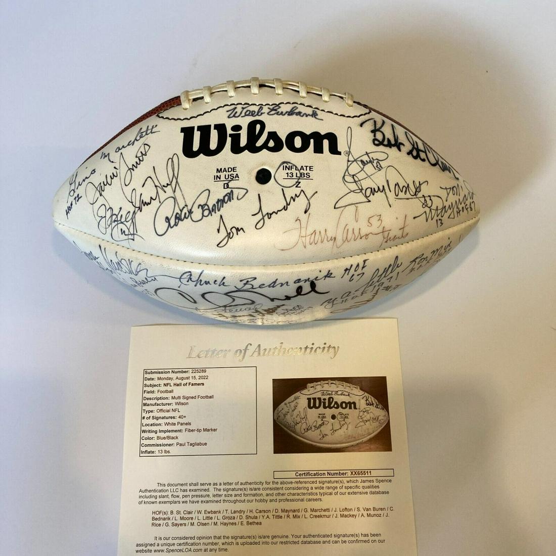 NFL Hall Of Fame Multi Signed Wilson Football 40+ Sigs With Tom Landry JSA COA: NFL Hall of Famers Signed Football (40+ Signatures). Wilson "NFL" football, featuring three white autograph panelson all three panels by the following forty NFL Hall of Fame players: Marcus Allen, O. 