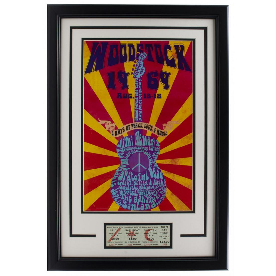 1969 Woodstock 16x23 Custom Framed Poster Display with Original 3 Day Ticket (1 of 1)