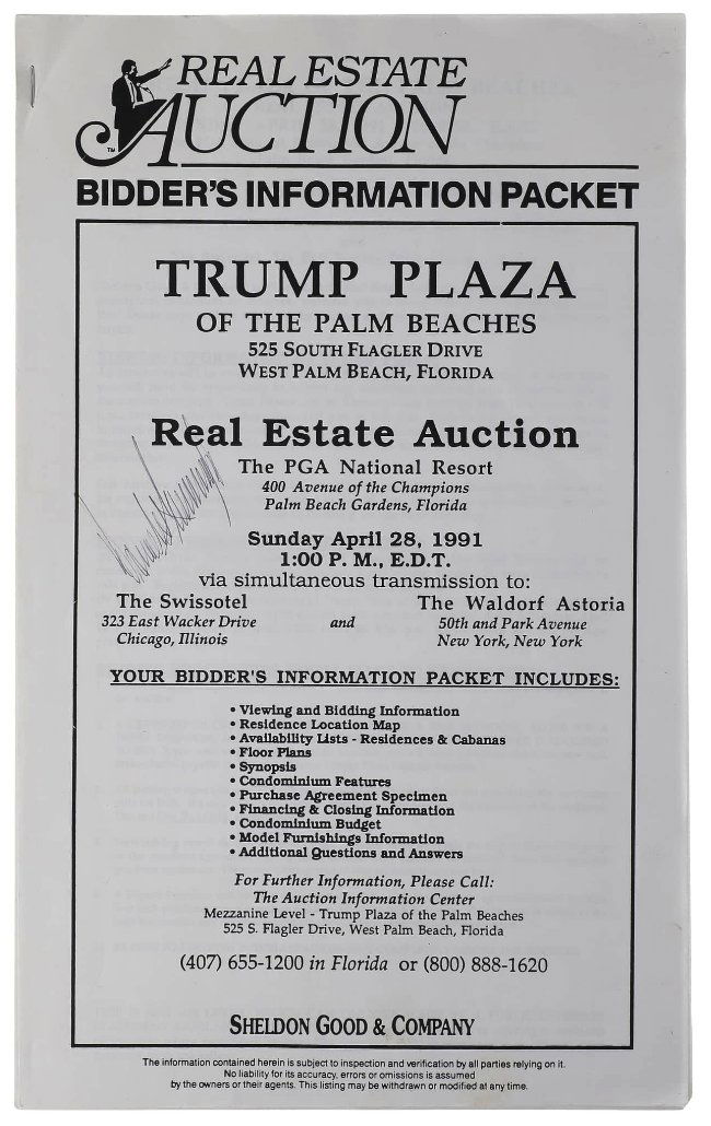 April 28, 1991 Donald J. Trump Signed Trump Plaza of the Palm Beaches Real Estate Auction Packet (JS (1 of 2)