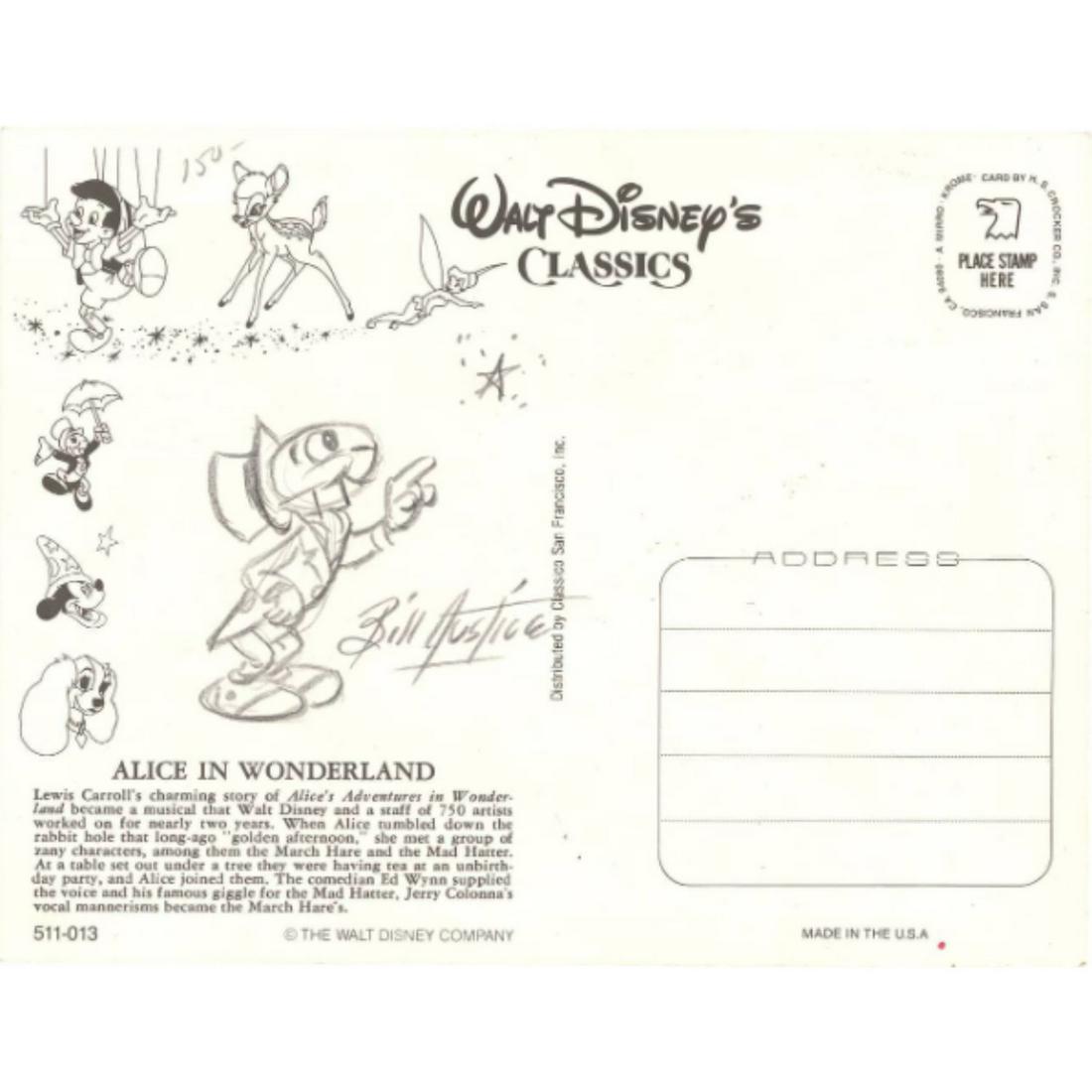 Bill Justice Signed Jiminy Cricket Sketch On Alice In Wonderland Disney Postcard (Beckett) (1 of 1)