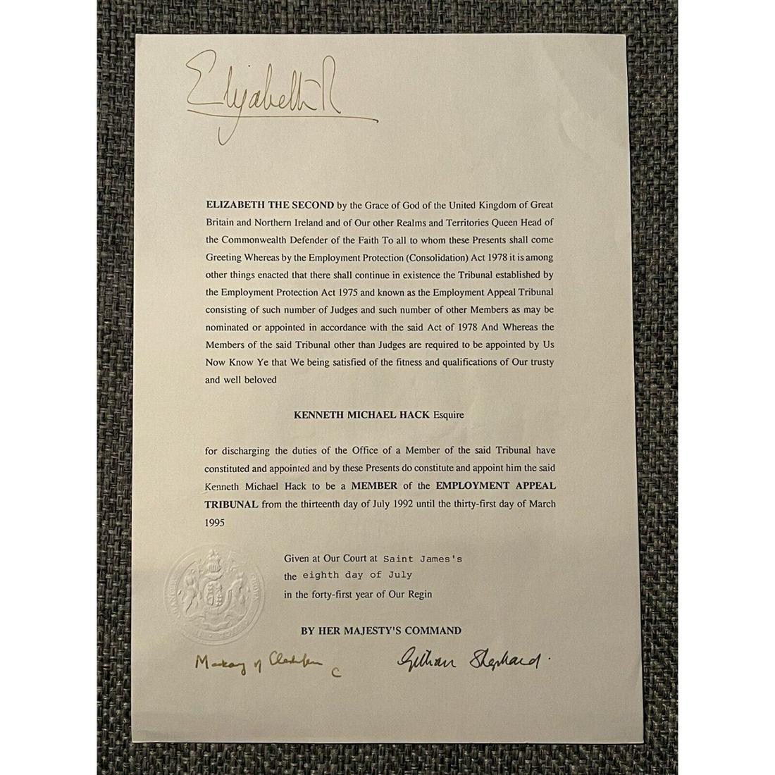 QUEEN ELIZABETH II Signed Document 1992 Judicial Appointment (JSA LOA) (1 of 3)