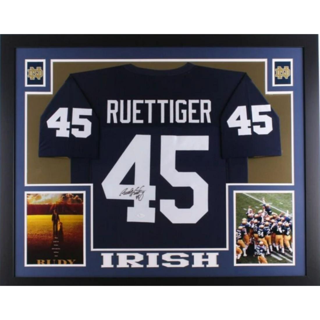 Rudy Ruettiger Signed Notre Dame Fighting Irish 35x43 Custom Framed Jersey (JSA) (1 of 1)