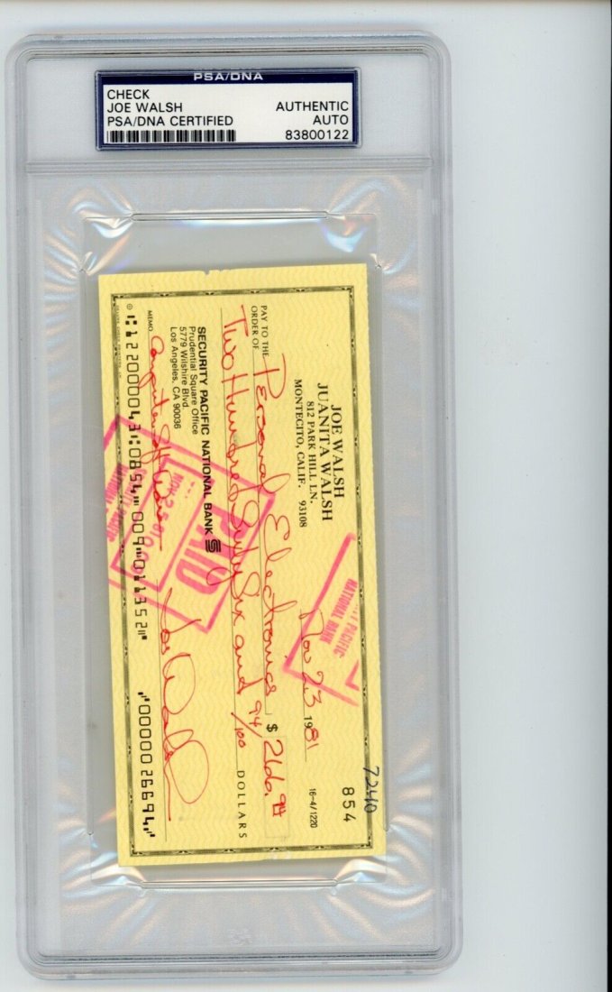 Joe Walsh The Eagles Band Cancelled Signed Autographed Check COA PSA/DNA (1 of 1)