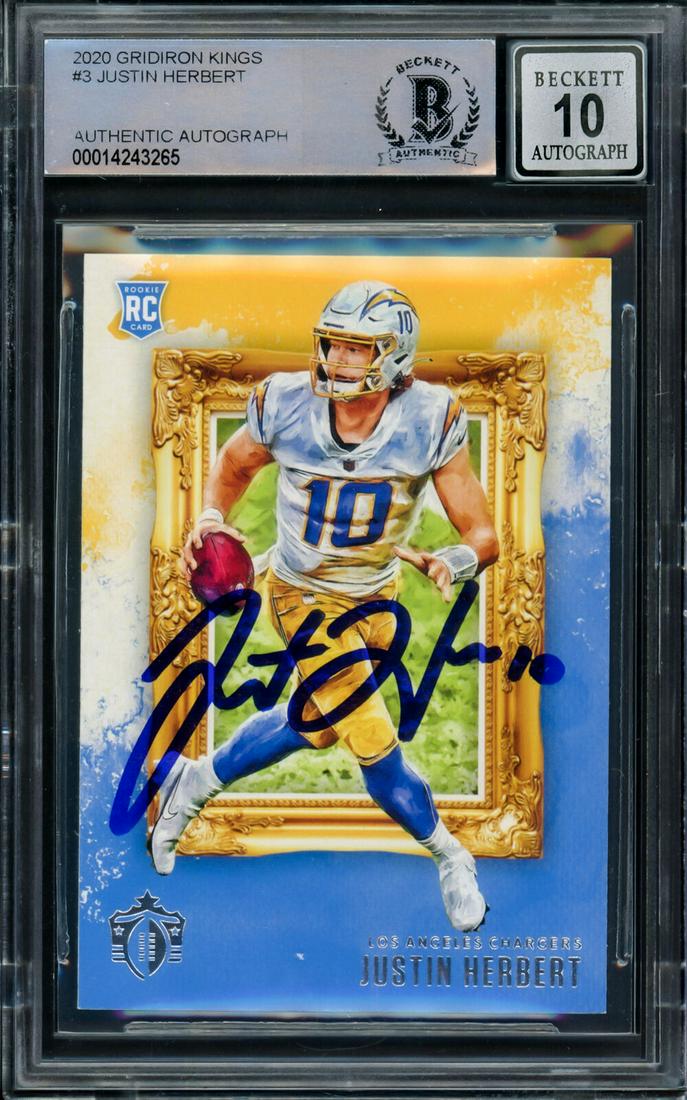 Justin Herbert Signed 2020 Panini Chronicles Gridiron Kings Rookie Card #3 (Beckett 10 Auto) (1 of 2)