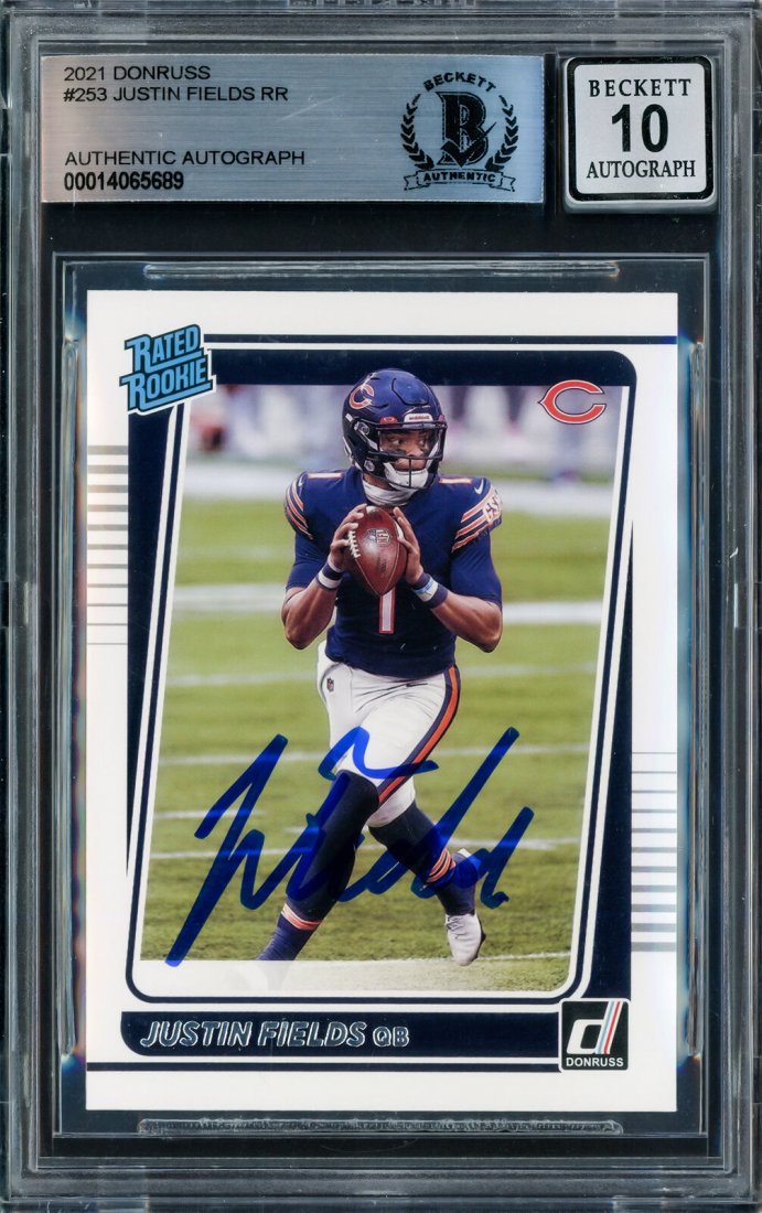 Justin Fields Signed 2021 Panini Donruss Rated Rookie #253 (Beckett 10 Auto) (1 of 2)